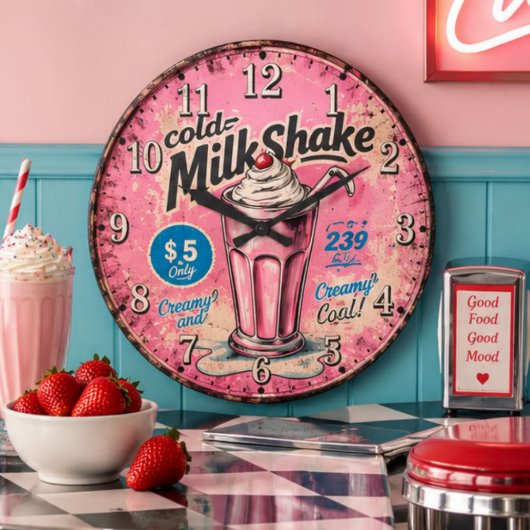 Vintage Milkshake Retro Diner Kitchen ラージ壁時計