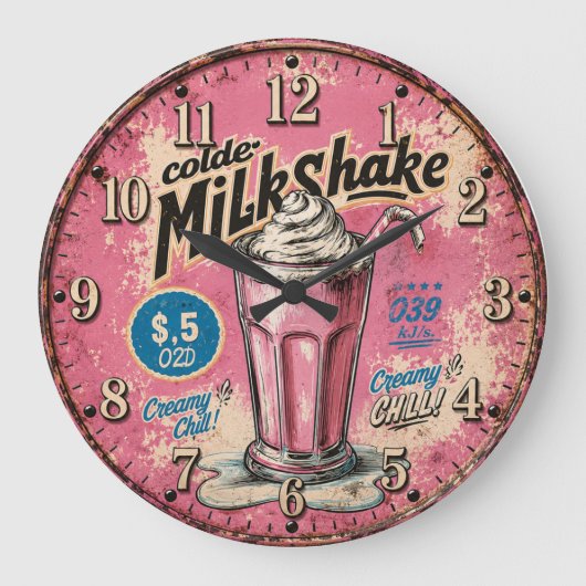 Vintage Milkshake Retro Diner Kitchen ラージ壁時計 (正面)