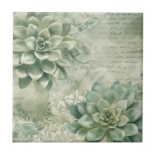 Vintage Mint Green Botanical Floral (2) タイル (正面)