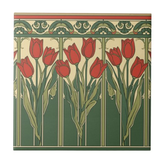 Vintage Mission Style Red Tulip Frieze タイル (正面)