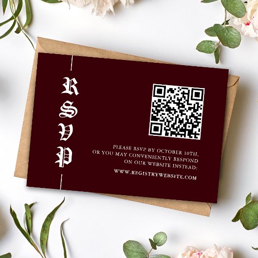 Vintage Modern Burgundy QR Code Wedding 出欠カード