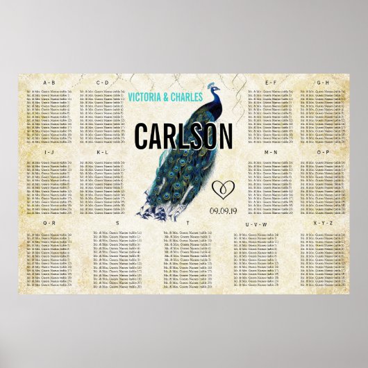 Vintage Modern Peacock Seating Chart ポスター (正面)