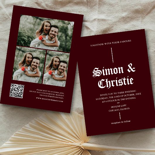 Vintage Modern Photo Collage QR Code Wedding 招待状