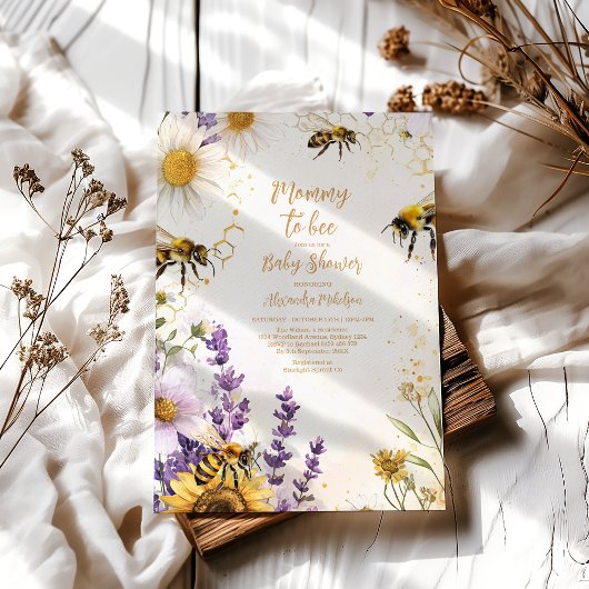 Vintage Mommy to Bee Wildflowers Baby Shower 招待状