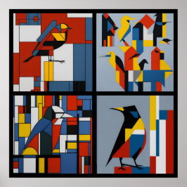 vintage mondrian style birds 4/4 all in one ポスター