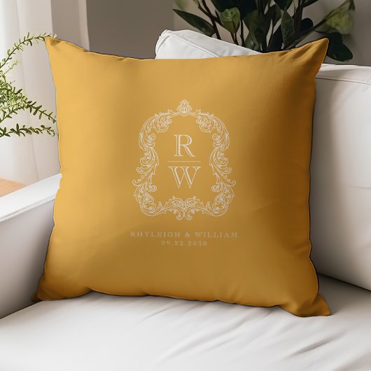 Vintage Monogram Crest Marigold Yellow Wedding クッション