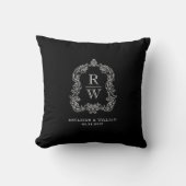 Vintage Monogram Crest Names Black White Wedding クッション (正面)