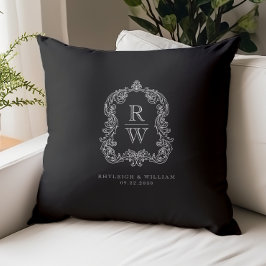 Vintage Monogram Crest Names Black White Wedding クッション