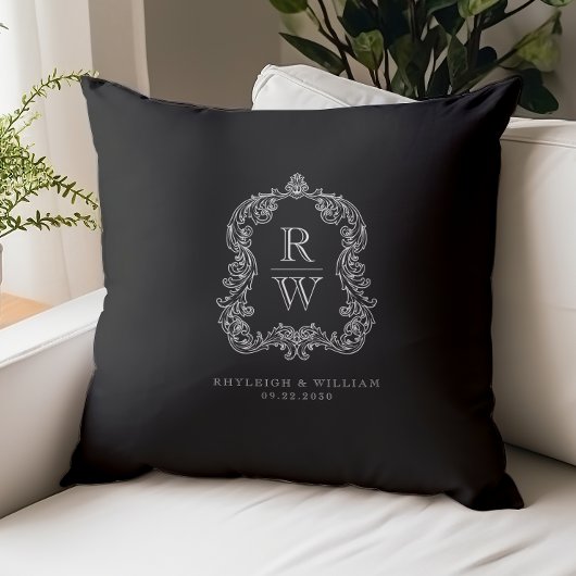 Vintage Monogram Crest Names Black White Wedding クッション