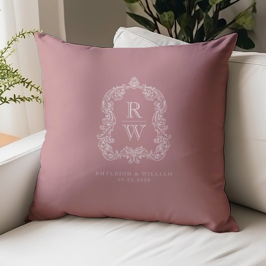 Vintage Monogram Crest Names Dusty Rose Wedding クッション