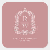 Vintage Monogram Crest Names Dusty Rose Wedding スクエアシール (正面)