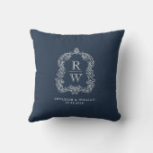 Vintage Monogram Crest Names Navy Blue Wedding クッション (裏面)