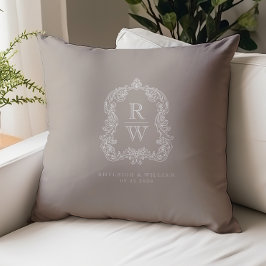 Vintage Monogram Crest Names Taupe Wedding クッション