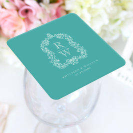 Vintage Monogram Crest Names Turquoise Wedding スクエアペーパーコースター