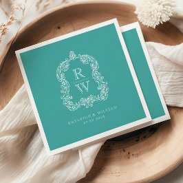 Vintage Monogram Crest Names Turquoise Wedding スタンダードカクテルナプキン
