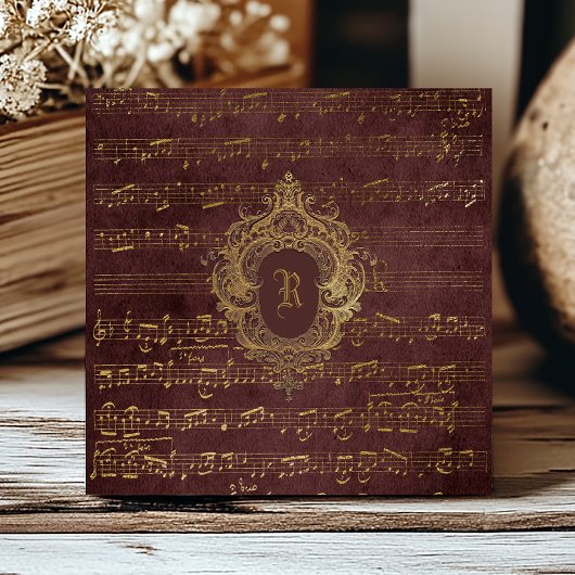 Vintage Monogram Crest Sheet Music Burgundy Gold タイル