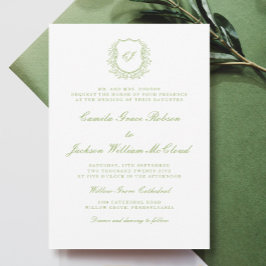 Vintage Monogram Crest White and Green Wedding  招待状