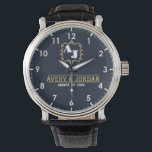 Vintage monogram name initials bride and groom 腕時計<br><div class="desc">Vintage watch in vintage style with monogram and name initials for bride and groom, lovers or wedding gift with Luxurious Monogram in Elegant retro style. Invitation Style Navy Blue Frame Clock with Antique Art Jewelry in Vintage Background with Calligraphic Graphics Great for Contemporary Fashion Wedding Gift. Clock with Classic ornament...</div>