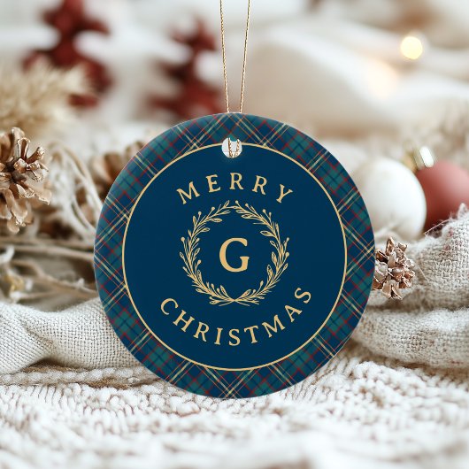 Vintage Monogram Wreath Blue Plaid Christmas Photo セラミックオーナメント