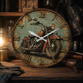 Vintage Motorcycle Classic Cruiser Biker Rustic ラージ壁時計