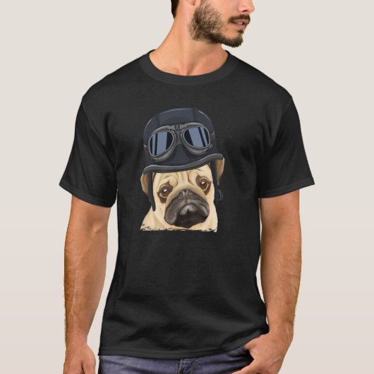 Vintage Motorcycle Helmet Pug Tシャツ (正面)
