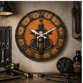 Vintage Motorcycle Rider Rustic Biker Garage Decor ラージ壁時計