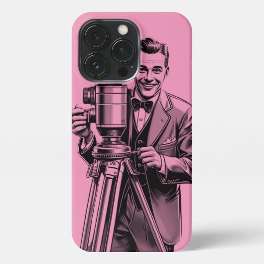 Vintage  movie camera man in pink  iPhoneケース (裏面)