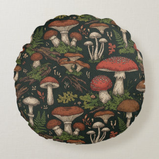 Vintage Mushroom Forest Botanical ラウンドクッション