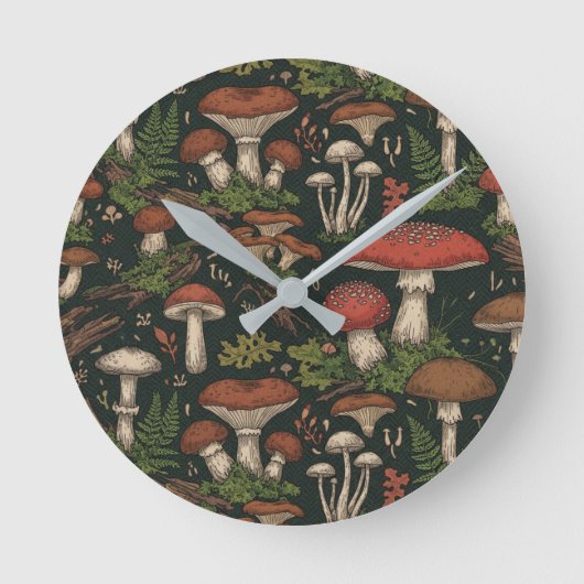 Vintage Mushroom Forest Botanical ラウンド壁時計 (正面)