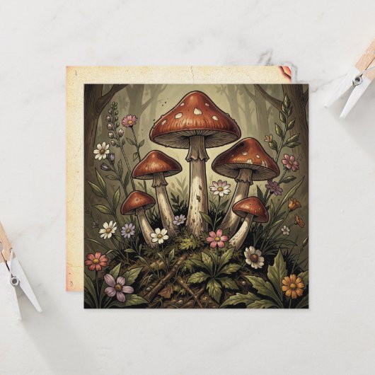 Vintage Mushroom Red Caps and Wildflowers Art (正面/裏面インサイチュ)