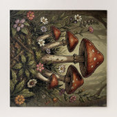 Vintage Mushroom Red Caps and Wildflowers Art ジグソーパズル (横)