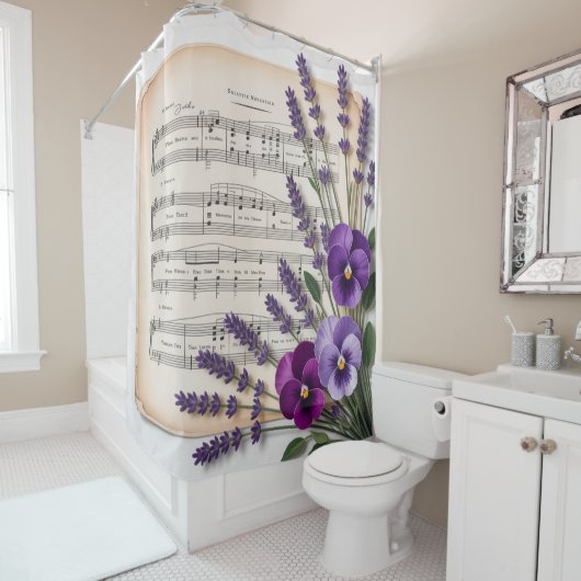 Vintage Music and Lavender Pansies Floral シャワーカーテン (インサイチュ)