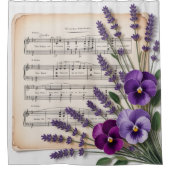 Vintage Music and Lavender Pansies Floral シャワーカーテン (正面)