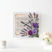 Vintage Music and Lavender Pansies Floral スクエア壁時計 (ホーム)