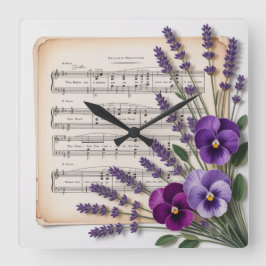 Vintage Music and Lavender Pansies Floral スクエア壁時計