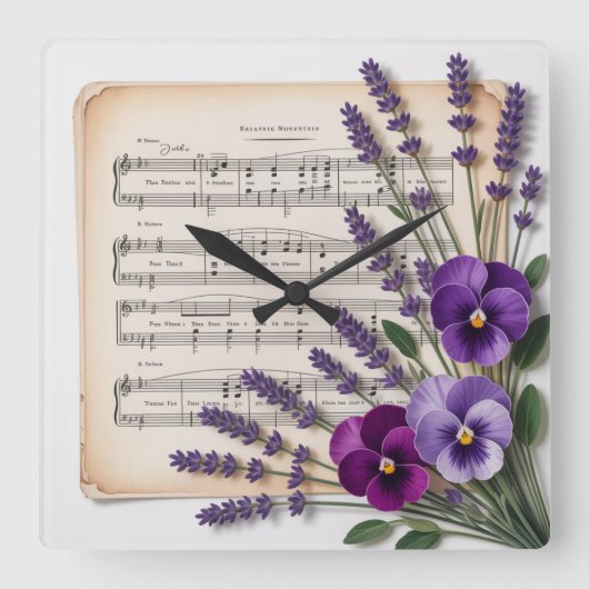 Vintage Music and Lavender Pansies Floral スクエア壁時計 (正面)