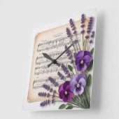 Vintage Music and Lavender Pansies Floral スクエア壁時計 (傾斜)