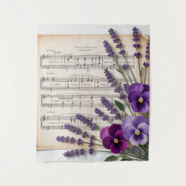 Vintage Music and Lavender Pansies Floral タペストリー