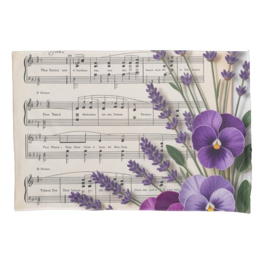 Vintage Music and Lavender Pansies Floral 枕カバー (正面)
