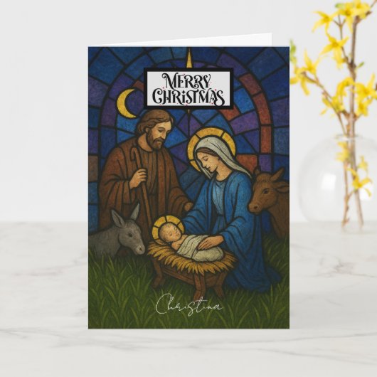 Vintage Nativity Scene Merry Christmas  カード (黄色い花)