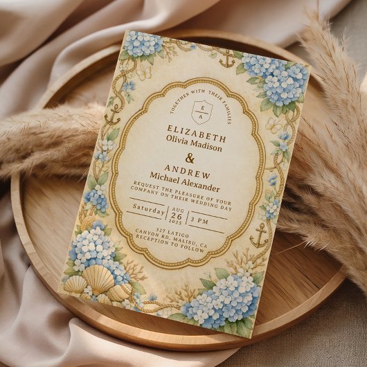 Vintage Nautical Hydrangea Wedding 招待状