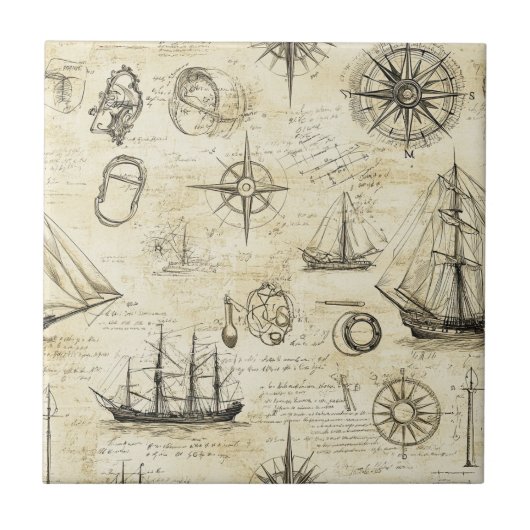Vintage Nautical Map Pattern with Ships & Compass タイル (正面)