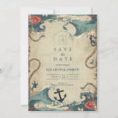 Vintage Nautical Waves & Rope Wedding セーブザデート (正面)