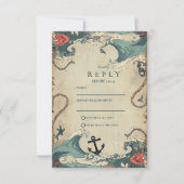 Vintage Nautical Waves & Rope Wedding 出欠カード (正面)