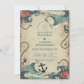 Vintage Nautical Waves & Rope Wedding 招待状 (正面)