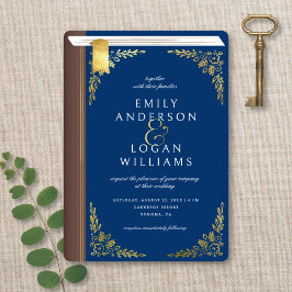 Vintage Navy Blue Book Cover Gold Floral Wedding 招待状