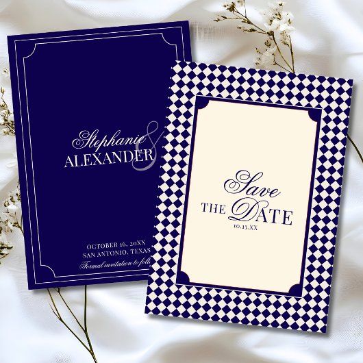 Vintage Navy Blue Checkered Old Money Wedding セーブザデート