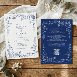 Vintage Navy Blue Victorian French Floral Wedding 招待状