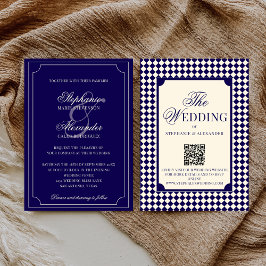 Vintage Navy Checkered Old Money QR Code Wedding 招待状