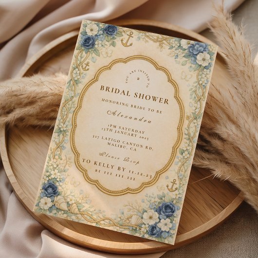 Vintage Navy Coastal Bridal Shower 招待状